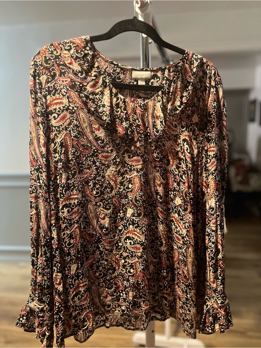 J. Jill Black Paisley Long-Sleeve Blouse with Red and Cream Accents Medium